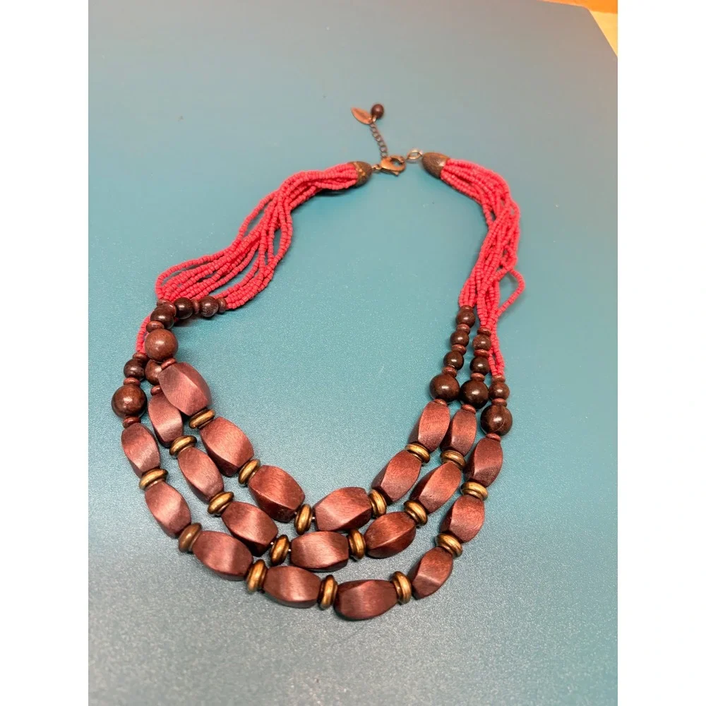 Coldwater Creek Red Seed Bead Chunky Brown Wood Multistrand Statement Necklace